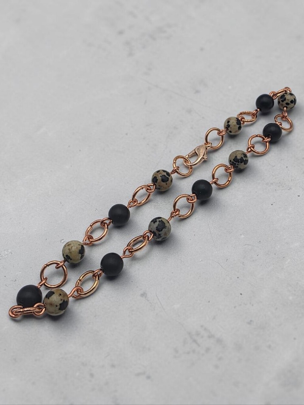 Beaded Rose Gold Chain Anklet with Black & Dalmatian Jasper Beads Handmade